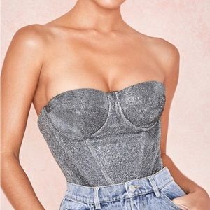 Worn Once 🫶🏾🫶🏾 HOUSE of CB DONATELLA SILVER SPARKLY CORSET BUSTIER